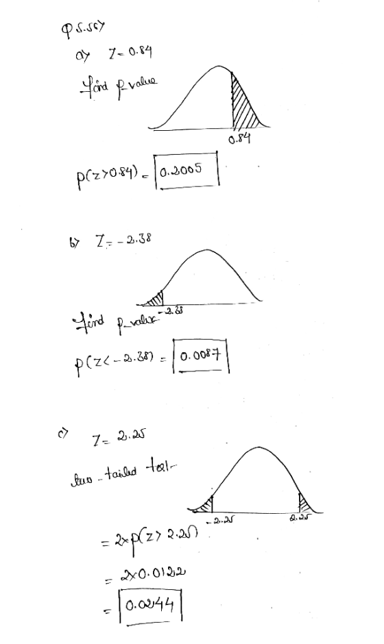 QS.567 ay 7+0.84 fond evalue 94 prz>0.84) 10.2005 67 Z=-2.38 p(22.-230 = 0.0027 c) 7-2.25 kuo-tailed feel = 24p(z) 2.21 20.01