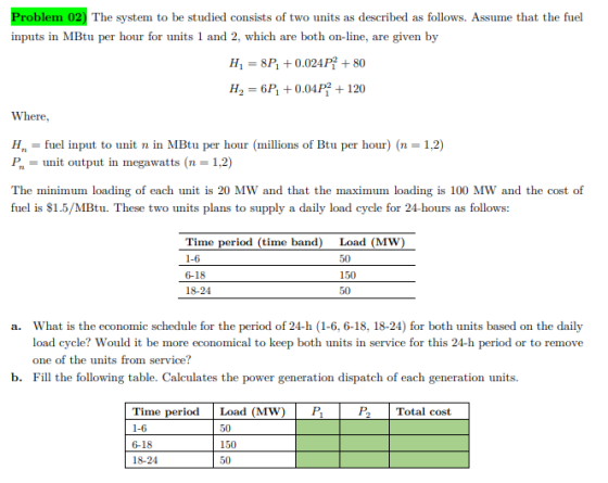 Problem 02) The system to be studied consists of two units as described as follows. Assume that the fuel inputs in MBtu per h
