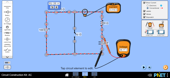 Show Current 01:20.05 II 02. O Electrons O Conventional Wire Current 0.018 A Labels F Values Battery Stopwatch AC Voltage 100