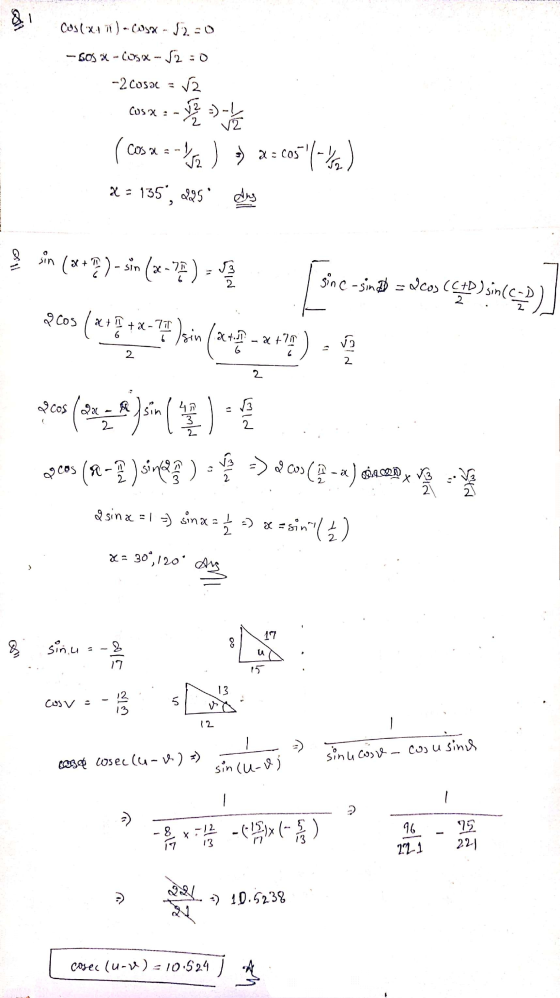 cos(x17)-Cox-S2-0 - CƠ 4 - Cox – 2 : -2 Cosa = V2 cosx = - J - - (cos x = -lo ) ) X = 205(-86) X = 135, 225° day in (* 3) -