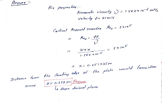 Answer:. Air properties:- Kinematic viscosity D = 1.562x10-5 m/s velocity = 31ms Critical Reynold number Rex = sxlor Rex = r