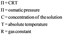 II=CRT
II=osmatic pressure
C=concentration of the solution
T=absolute temperature
R=gas constant