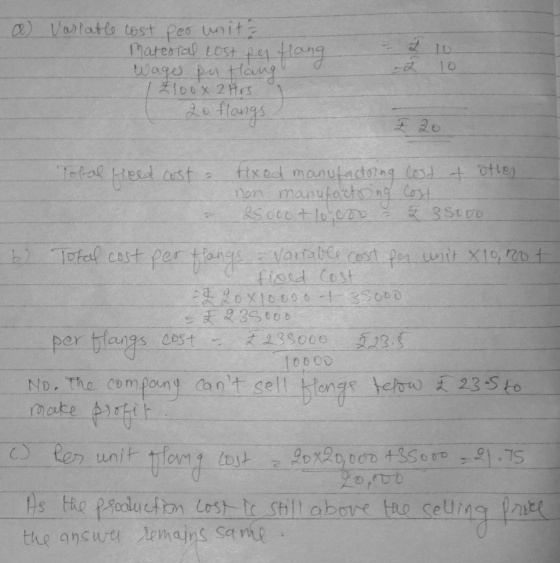 2 a Varlable cost per unit? material cost per flang Wages par flang Z100x 2 Hrs 20 flongs I 20 2 3sovo Holal feed cost fixed