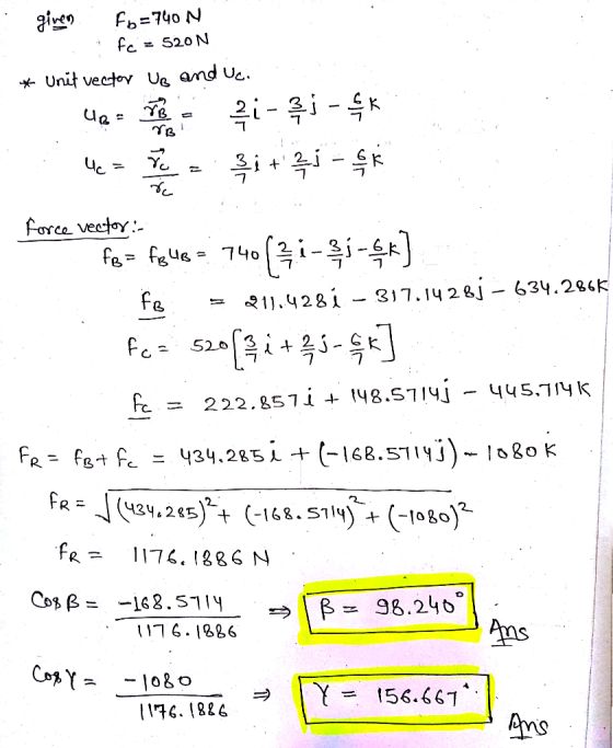 given fo=740 N 3. fc = 520N * Unit vector Us and uci ! uns Team qi- j - K yer ve şi+21 - 4K 7 force vector :- Kance fe figue