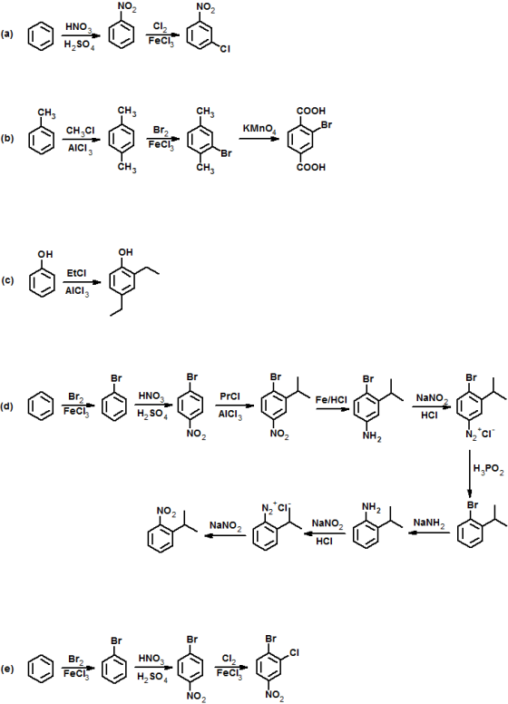 NO2 NO Cl Fecl (a) HNO CH CH CH COOH Br2 KMno (b) l AICI3 喆li. CH3 COOH 1 Etci AICI3 (c) Br 喆li. Br FeC HNGO Prci NaNO2 HCI F