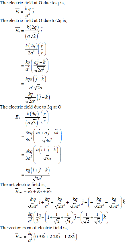The electric field at O due to q is, Ca The electric field at O due to 2q is, k(2r The electric field due to 3q at O a3 3kq a