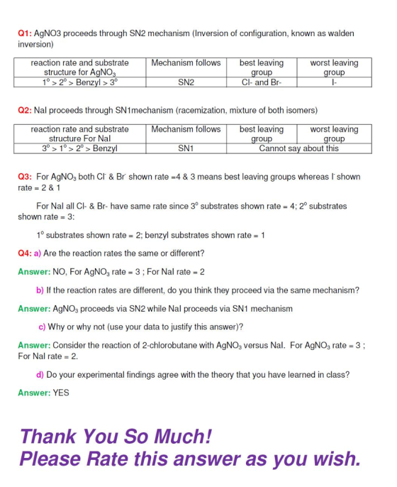 Q1: AgNO3 proceeds through SN2 mechanism (Inversion of configuration, known as waldern inversion) reaction rate and substrate