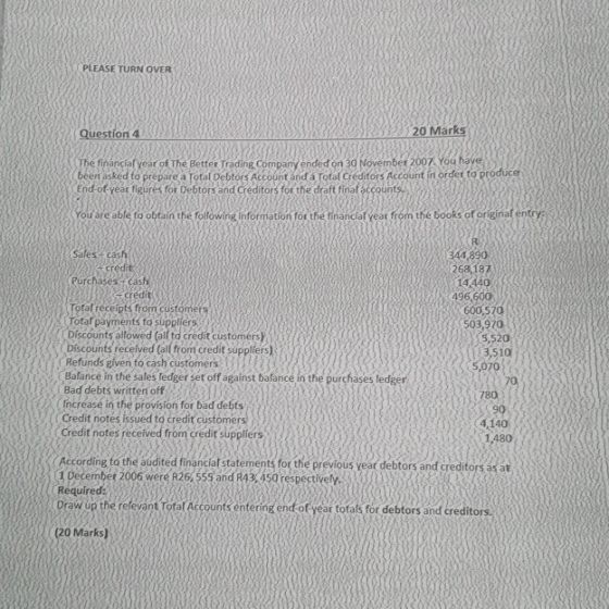 PLEASE TURN OVER Question 4 R32 20 Marks The financial year of The Better Trading Company ended on 30 November 2007. You have