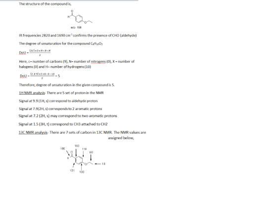 The structure of the compound is, m/z-150 IR frequencies 2820 and 1690 cm confirms the presence of CHO (aldehyde) The degre