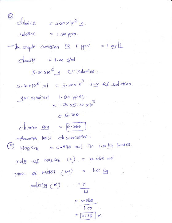 chlorine = 5.30 x 100 g. Solution = 1.20 ppm. The simple conversion is 1 ppm al mg/l density 21.00 9/1 5.30 x 106 g of soluti
