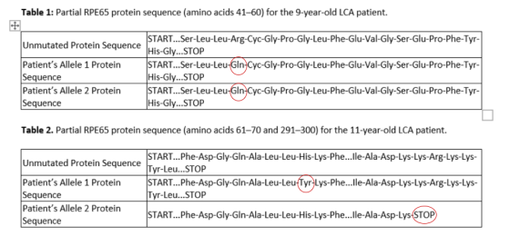 Table 1: Partial RPE65 protein sequence (amino acids 41-60) for the 9-year-old LCA patient. Unmutated Protein Sequence Patien