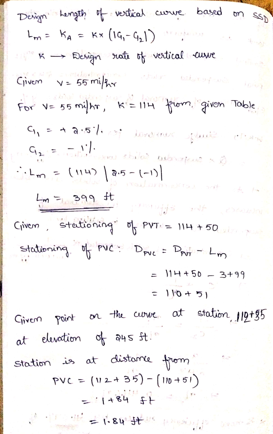 Design Length of vertical curve based on see Im = KA = kx (14,-421) K → Design rate of vertical curre Gjivem v= 55 milho de p