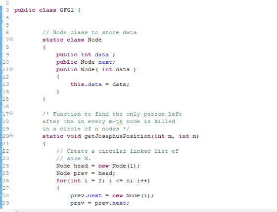 2 3 public class GFG1 { 4 5 6 // Node class to store data static class Node 70 public int data ; public Node next; public Nod
