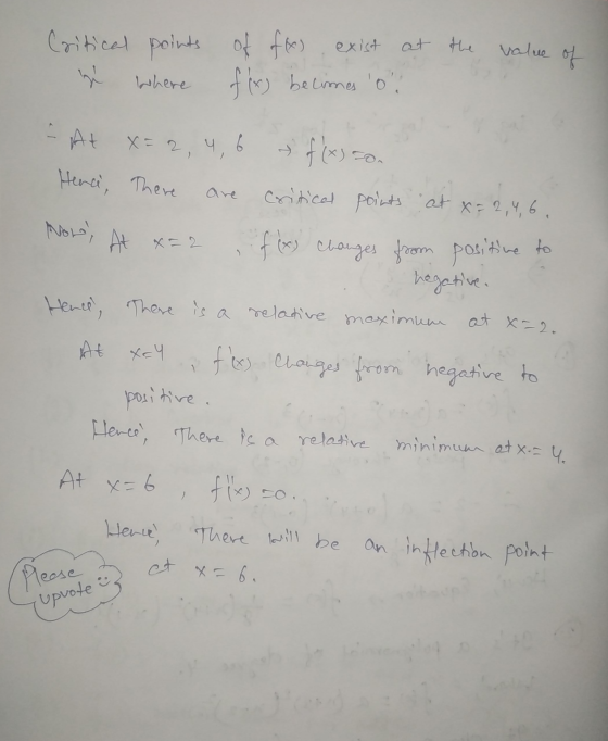 Critical points ľ where of f(x) exist at the value of fixy becomes o, Hence, There are critical points at x = 2,4,6, , f(x)
