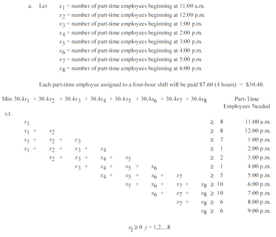 a. Let x 1 = number of part-time employees beginning at 11:00 a.m. x2 = number of part-time employees beginning at 12:00p.m.