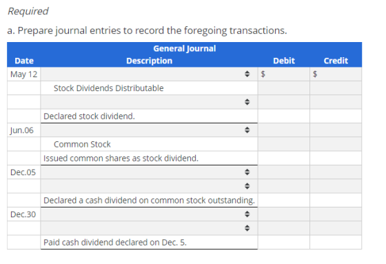 Required a. Prepare journal entries to record the foregoing transactions. General Journal Date Description Debit May 12 Stock