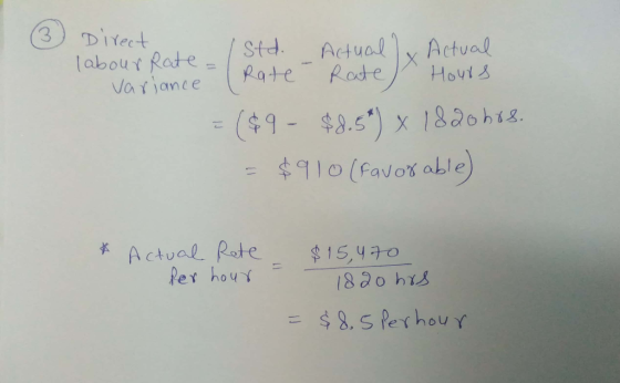 Direct I Std. Actual) labour Rate= Actual 1 Rate Rate Hours variance = ($9 - $8.5*) x 1820618. = $910 (favorable) * Actual Re
