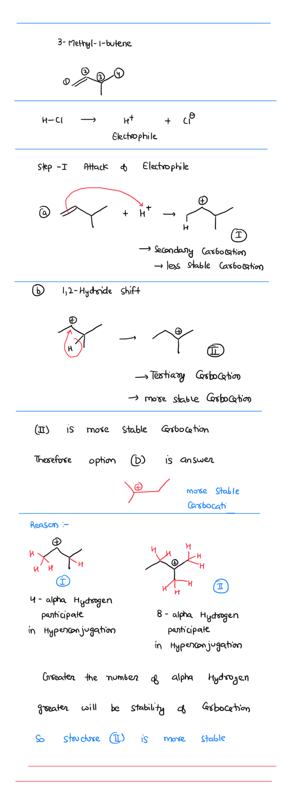 3- Methyl-1-butene H-CI → ret Electrophile + co Step -I Attack of Electrophile - ،اده → Secondary Carbowtion - less stable Ca