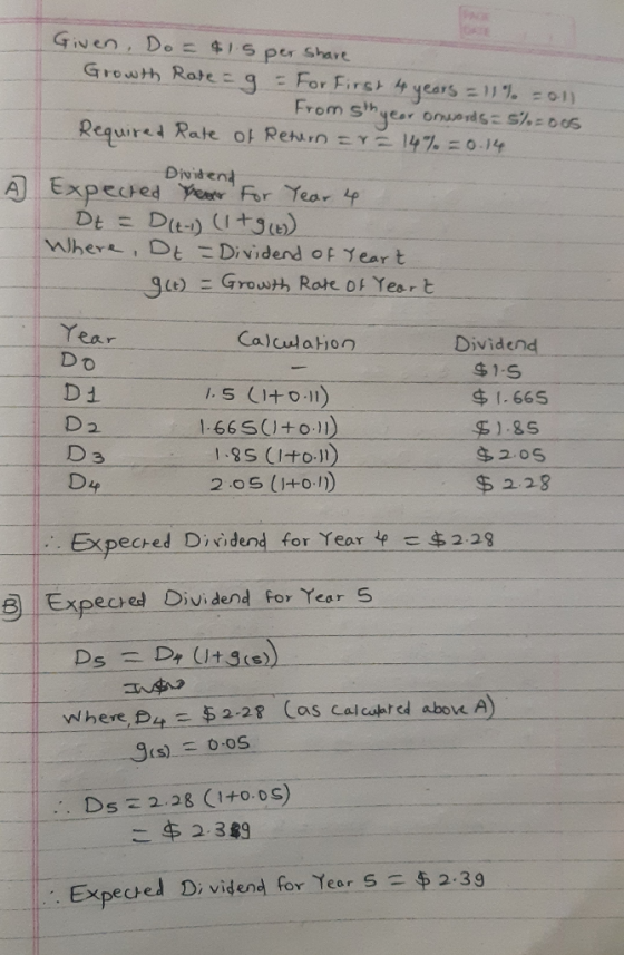 Given Do = $15 per share Growth Rate = g = For First 4 years = 11% = 0.11 From Shycor onwards - Sh=005 Required Rate of Retur