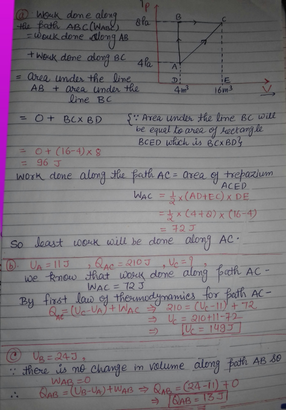 Woek done alon AB area under the ine 4 be equal to aree of kectang le 96丁 NOsk done g he pethi ACED So Jaast tooek will he done along AC 다 ma change in valume along RdA AB39 there