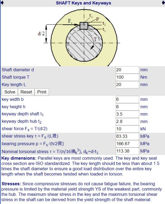 SHAFT Keys and Keyways Shaft diameter d mm Shaft torque T Nm Key length L mm Solve Reset Print key width b mm key heighth mm