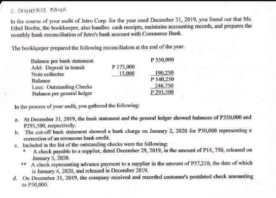 C. COMMERCE DANK In the course of your audit of Jetro Corp. for the year ened December 31, 2019, you found out that Ms. Ethel