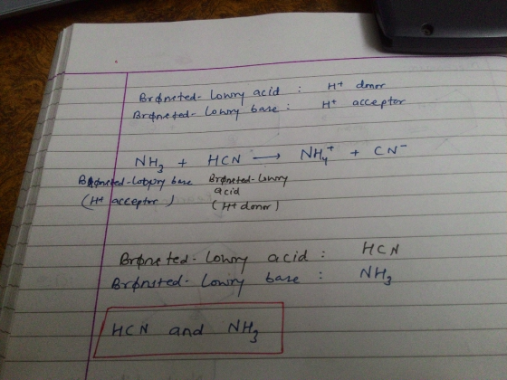 : Broncted- Lowry acid Braneted Lowry bare: Ht H+ donor acceptor NHy + CN- I NH₃ + Boronited-loppry bare (Htacceptor ) sa HCN