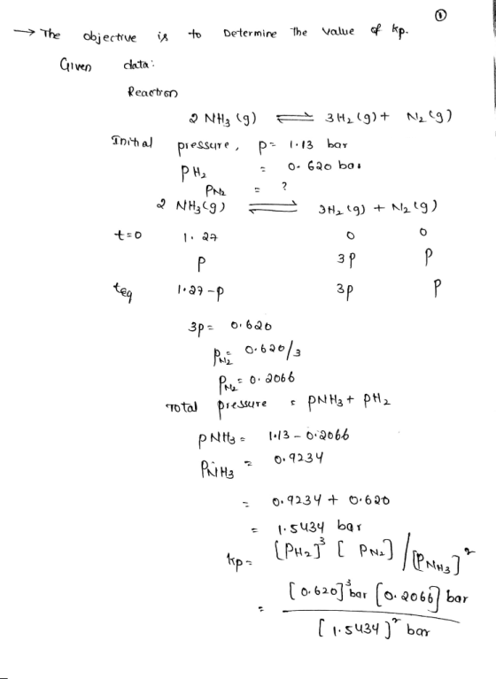 he objective is to Determine the value of kp. Given data il Reaction O NH3 (9) E 34219)+ N2 (9) Initial pressure, po 1.13 bar