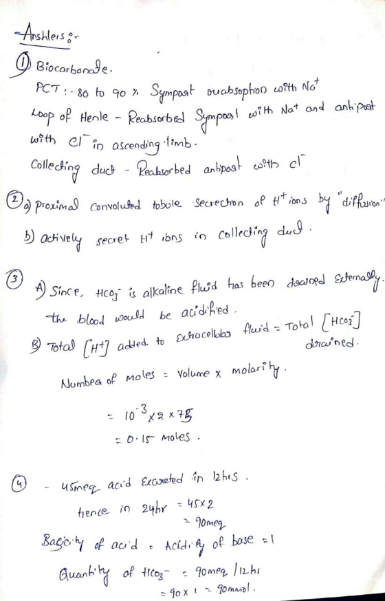 an it with Nat and Anstlerson O Biocarbonate. PCT :-80 to 90% Sympost ou absophion with not koop of Henle - Reabsorbed Sympas