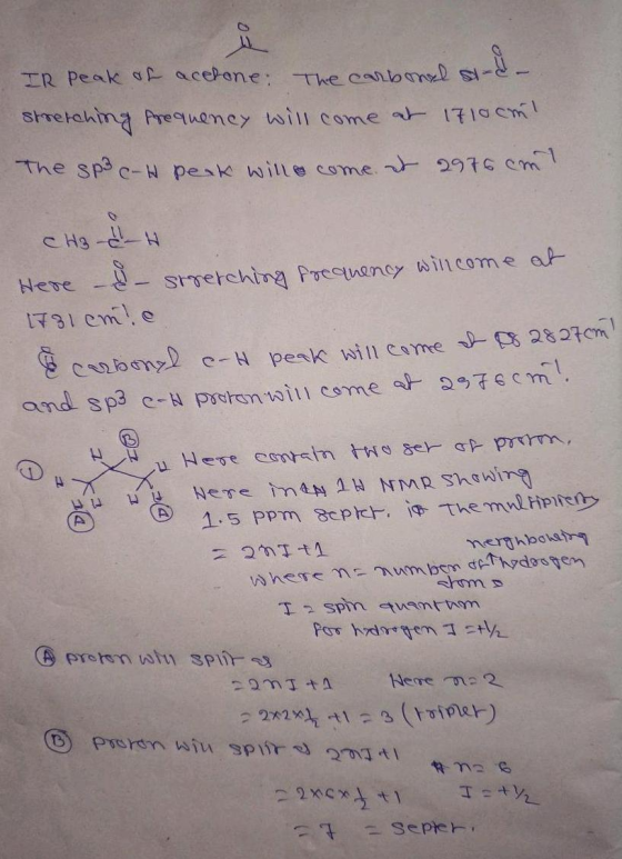 - IR Peak of acetone. The carbonel stretching frequency will come at 17100ml The spic-H penk will come me et 2976 cm Here CH3