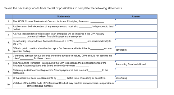 Select the necessary words from the list of possibilities to complete the following statements. Statements Answer The AICPA C