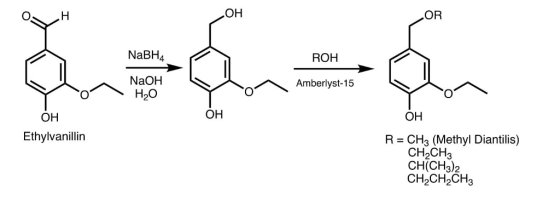 он OR NaBH4 ROH NaOH Amberlyst-15 он он он Ethylvanilin R- CH3 (Methyl Diantilis) CH2CH3 CH(CH3)2 CH2CH2CH3