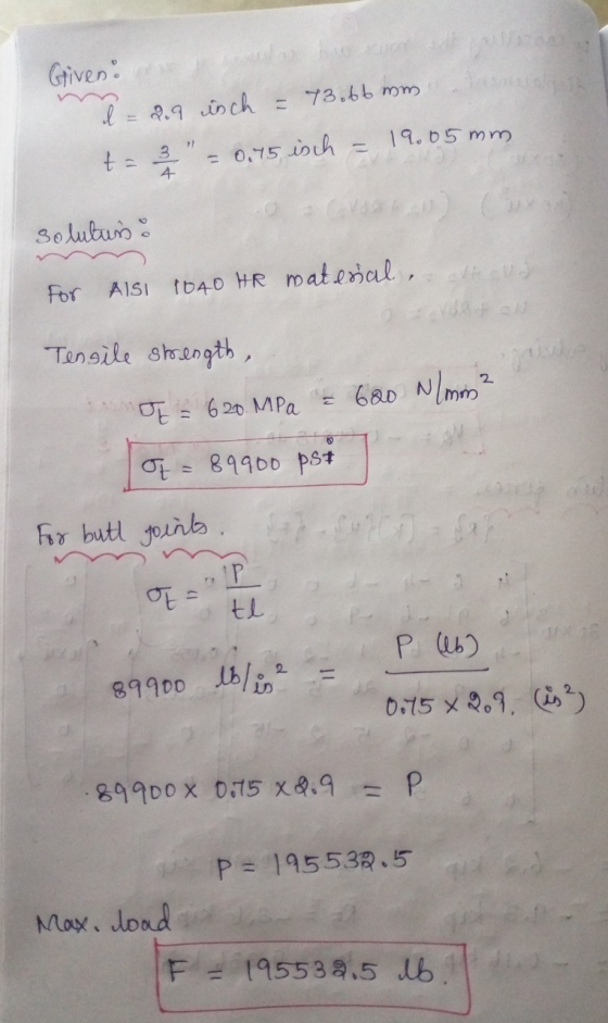 Giveno d = 2.9 inch = 73.66 mm 12.05mm ta = 0.75 isch = 4 soluturs : For AISI 1040 HR material , Tensile strength, J = 620 MP