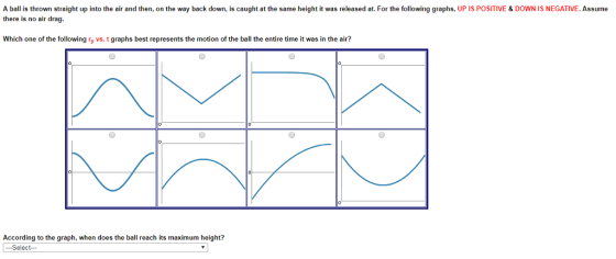 A ball is thrown straight up into the air and then, on the way back down, is caught at the same height it was released at. For the following graphs, UP IS POSITIVE & DOWN IS NEGATIVE. Assume there is no air drag Which one of the following ry vs. t graphs best represents the motion of the ball the entire time it was in the air? According to the graph, when does the ball reach its maximum height? Select