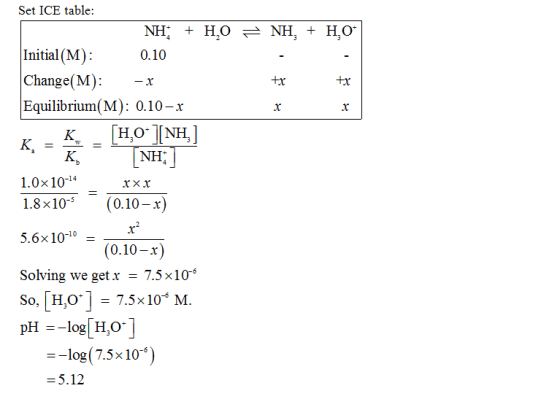 Set ICE table Initial (M) Change(M): -r Equilibrium(M): 0.10-x 0.10 tx tx н.o K, NH 1.0× 10-14 1.8×10-5 (0.10-x) 5.6x 10-10 S