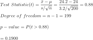 Test Statistic(t) - 2 - Test Statistic(t) = s/n - 3.2/ 200 24.2 – 24 = 0.88 Degree of freedom = n -1 = 199 p - value = P(t >