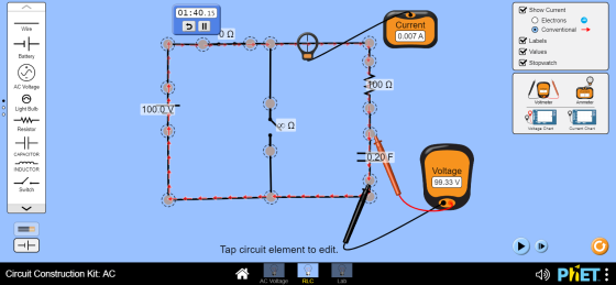 Show Current 01:40.15 5 II O Electrons O Conventional Wire Current 0.007 A Ο Ω Labels F Values Battery Stopwatch AC Voltage 1