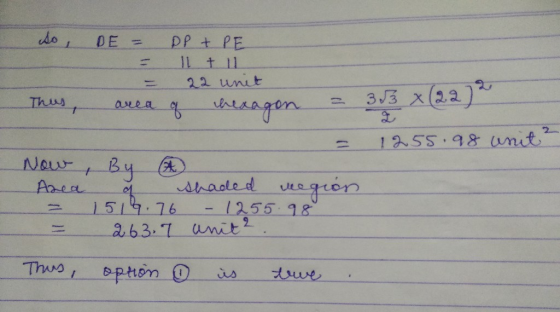 so , DE DP & PE Il til 22 unit Thus, area of hexagon 3,3 x (22) 1255.98 unit By Now + Area of shaded 1519.76 125598 263.7 ani