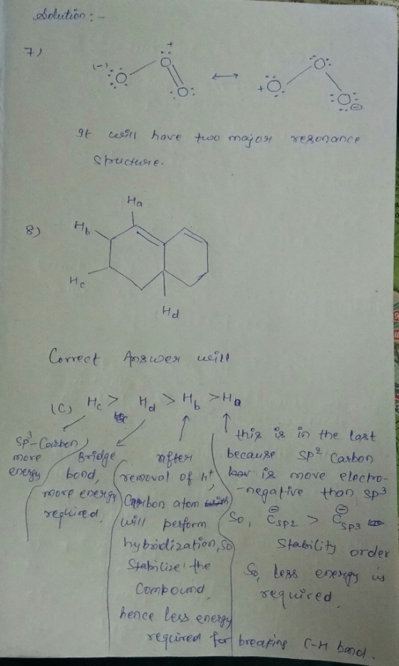 an... .00 Solution 7) It celill have two major resonance Spectuose. Ha Hd Correct Answer will ic, He> Hd > H >Ha this is in t