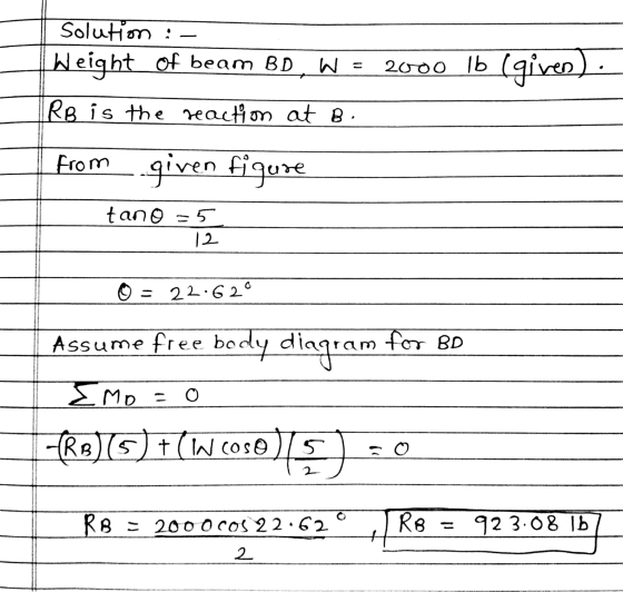Solution :- Weight of beam BD, W = 2000 lb (given): RB is the reaction at B. from given figure tano = 5 O = 22.620 .ssum ram
