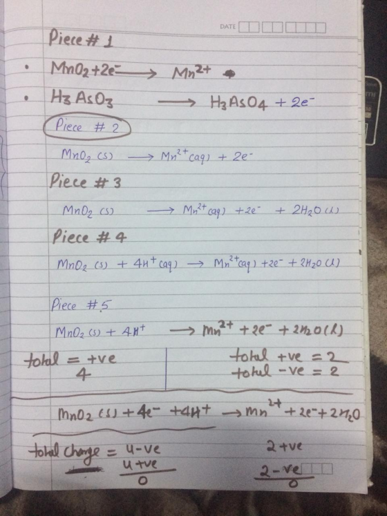 DATETT Piece #1 MnO2+2 Hz As Oz Piece #2 Mn2t → H3 AsO4 + 2e- MnO₂ (s) - Mn2+ caq) + 2e- Piece #3 MnO₂ cs - My ?t cag) +20 +