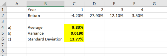 в C G Year D 2. 27.90% E 3 12.10% F 4 3.50% Return -4.20% 4 a) 5 b) 6C) Average Variance Standard Deviation 9.83% 0.0190 13.7