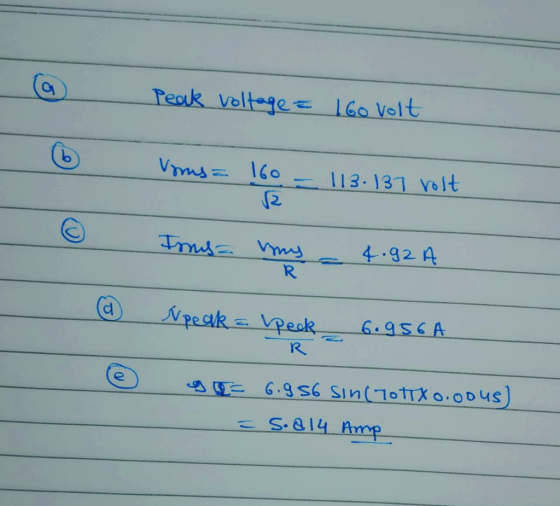 Peak voltage = 160 volt @ 6 vous = 160 = 113-137 volt @ 6 A Npeak peek 6.956 SEE 6.8 56 sin ( 7067X0.00us) = s.a14 Amp @