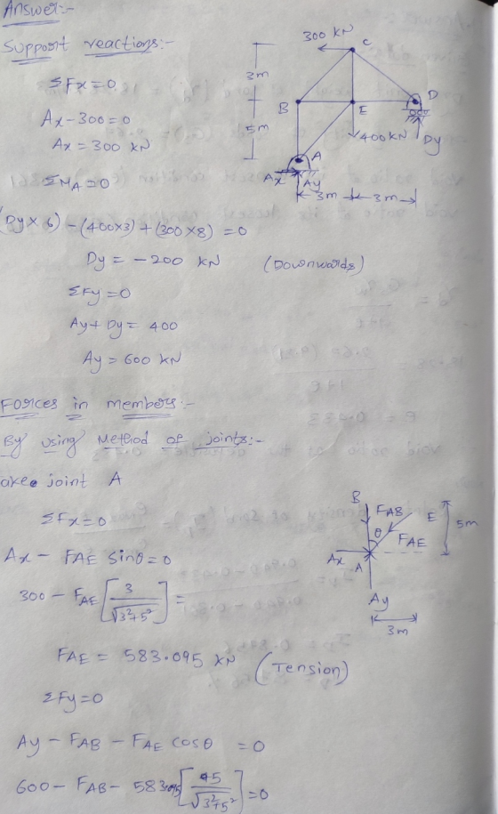 Answers Support reactions: - 300 KN c 3m В SFxzos Ax-300=0 Ax - 300 KN E 5m 4400KN lby А IDENADO 3m kam oy x 6 - (400x3) + (