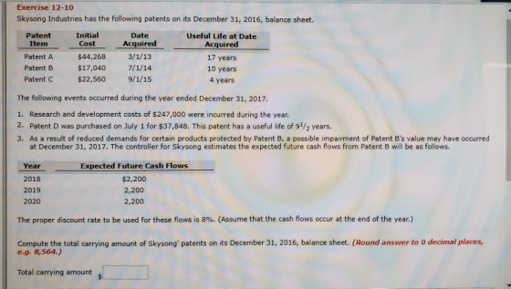 Exercise 12-10 Skysong Industries has the following patents on its December 31, 2016, balance sheet. Patent Item Patent A Patent B Patent C Initial Cost $44,268 $17,040 $22,560 Date Acquired 3/1/13 7/1/14 9/1/15 Useful Life at Date Acquired 17 years 10 years 4 years The following events occurred during the year ended December 31, 2017. 1. Research and development costs of $247,000 were incurred during the year. 2. Patent D was purchased on July 1 for $37,848. This patent has a useful life of 91/2 years. 3. As a result of reduced demands for certain products protected by Patent B, a possible impairment of Patent Bs value may have occurred at December 31, 2017. The controller for Skysong estimates the expected future cash flows from Patent B will be as follows. Year 2018 2019 2020 Expected Future Cash Flows $2,200 2,200 2,200 The proper discount rate to be used for these flows is 8%. (Assume that the cash flows occur at the end of the year) Compute the total carrying amount of Skysong patents on its December 31, 2016, balance sheet. (Round answer to O decimal places, e.g. 8,564.) Total carrying amount$