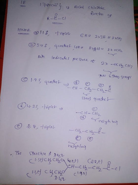 Aid chloride 178oomy & RECI function gp HINMR alls, triplet 6 H 2434 2XCH3 6 3.48, quatret uh 279 H = 2X OCHZ BoTM indicates