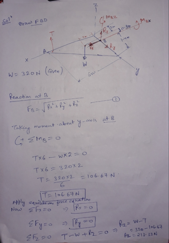MBZ Sol! G Draw FBD 30.3m J Mex B l-um х W (civer) so W = 32ON Gm Reaction at B Fo= √ Rx ² + by +R y-axis exis at B Taking mo