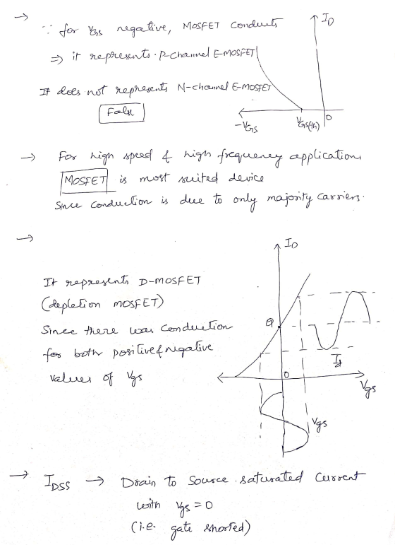 → for VGs negative, MOSFET Conducts =) it represents . P-Channel EMOSFET - - It does not represents N-channel E-MOSFET false