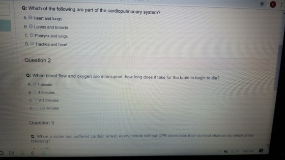☆ : Q: Which of the following are part of the cardiopulmonary system? A B. C D. Heart and lungs Larynx and bronchi Pharynx an