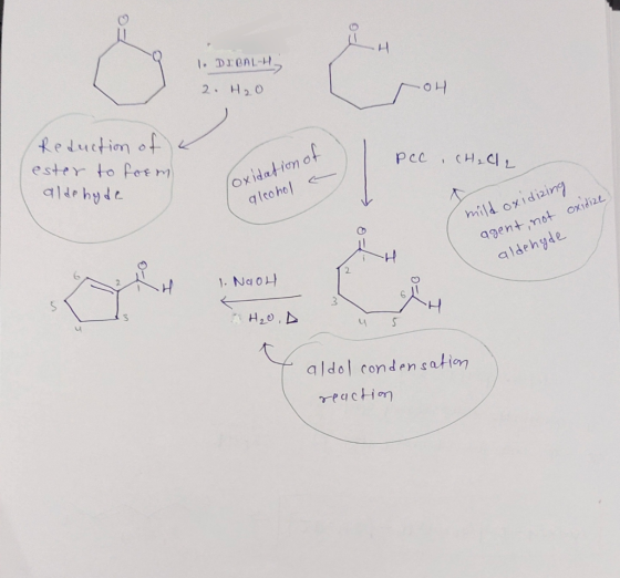 1 H 1. DI BALTH 2. H2O Pec , CH₂Cl2 Reduction of ester to foem aldehyde oxidation of alcohol a mild oxidizing agent not oxidi